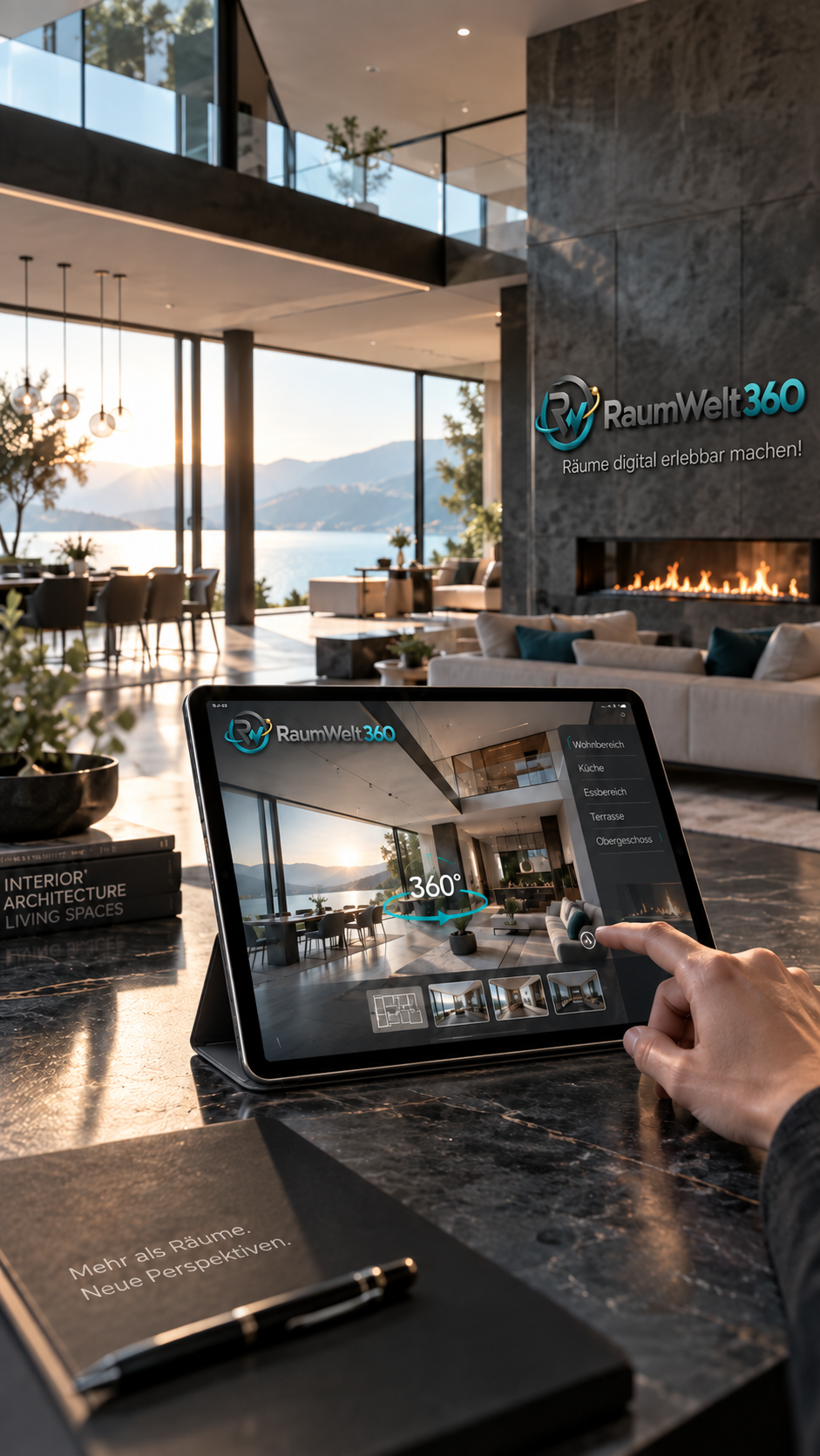 Wohnraum am See mit RaumWelt360-Branding und virtuellem Rundgang auf einem Tablet